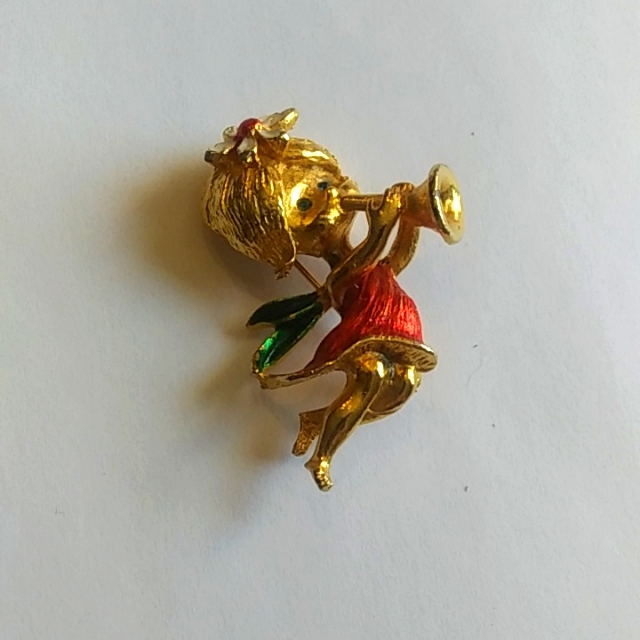 Trumpet Girl Vintage Christmas Goldtone Blue Eyes Red Dress Flower On Head 19$